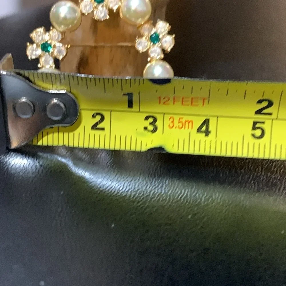 Vintage Roman Brooch Pin Pearl Flower Clear Green Rhinestone Circle 2 1/4”L Gold